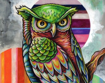 Owl with Orbs Fine Art Bird Print - by Bryan Collins