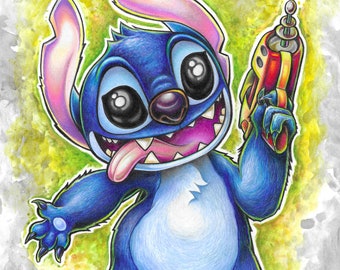 Stitch fan art print Prismacolor and Watercolor - by Bryan Collins