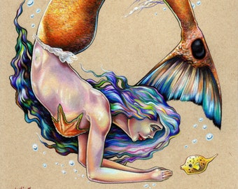 Yoga Mermaid and Sea Turtle nautical beach wall art fine print - by Bryan Collins