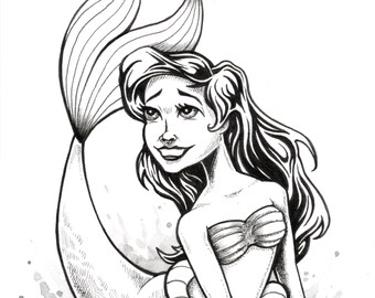 Ariel Little Mermaid black and white 5x7 fine wall art print - by Bryan Collins