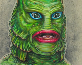 Gill Man Creature From The Black Lagoon colored pencil fine art print - by Bryan Collins