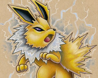 Jolteon Pokemon Eeveelution 5x7 small wall art signed print - by Bryan Collins