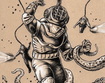 Danger Dive scuba diver pen and ink illustration fine art wall print - by Bryan Collins