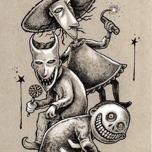 Pode incluir: Ilustração em preto e branco de três personagens do filme O Estranho Mundo de Jack. Os personagens são Jack Skellington, Sally e Oogie Boogie. Jack está segurando uma bengala de doces, Sally está segurando um fogo de artifício aceso e Oogie Boogie está segurando uma sacola de doces.