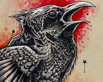 Edgar Allan Poe Raven hand signed fine art wall print - by Bryan Collins