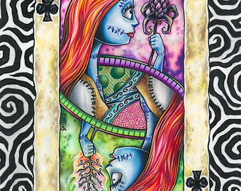 Sally Skellington Nightmare Before Christmas art print Queen of Clubs Playing Card - by Bryan Collins