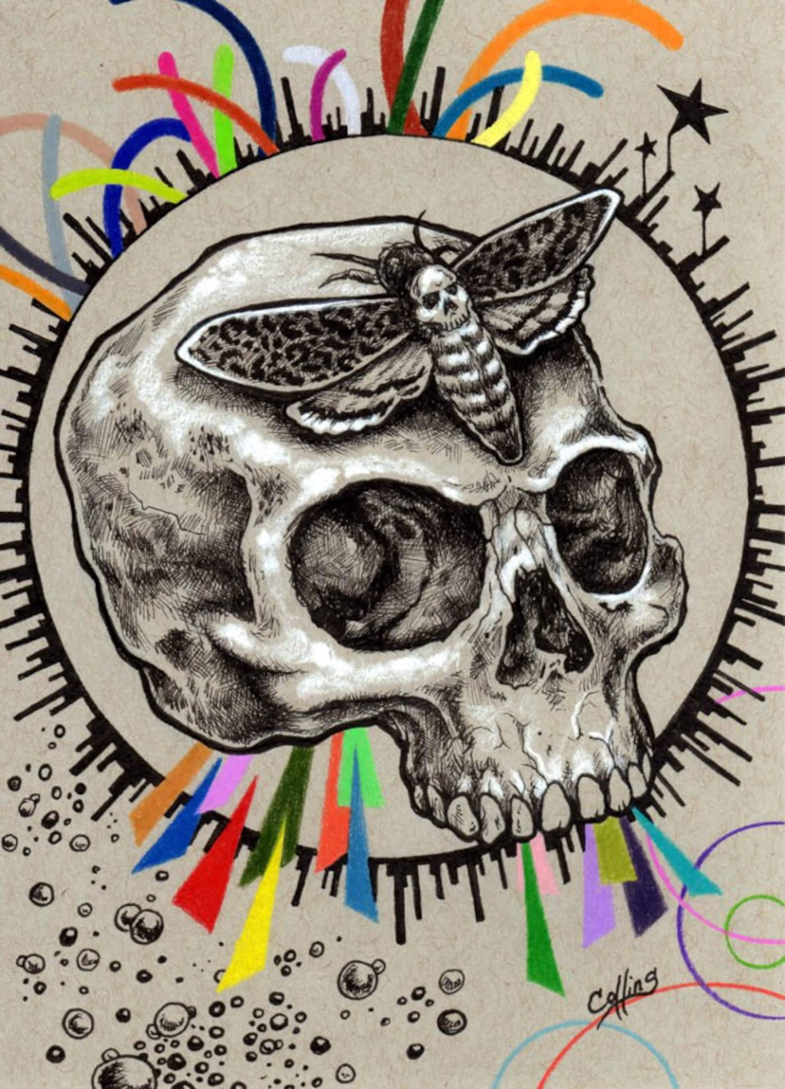 Skull and Deaths Head Hawk Moth Ink Drawing Art Print - by Bryan ...