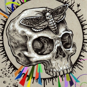 May include: A black and white drawing of a human skull with a moth on top. The skull is surrounded by a circle of black and white lines. The background is a light brown color with colorful lines and circles.