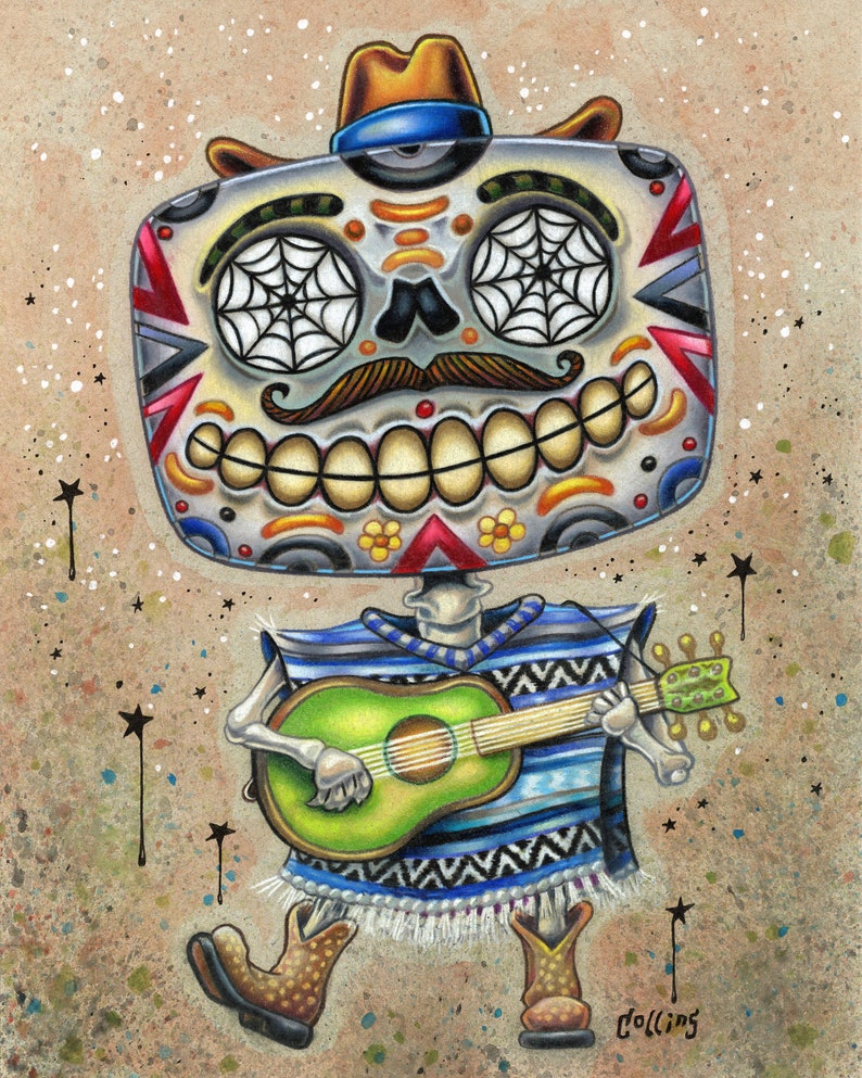 Esqueleto Musical Skeleton Sugar Skull fine art wall print by Bryan Collins image 1