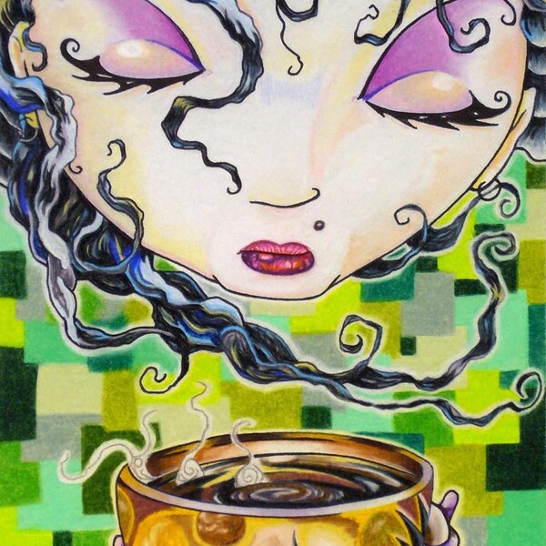 Feathers and Cream - Original Coffee Conceptual Outsider Art 5x9