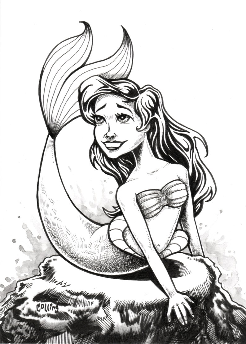 Ariel Little Mermaid black and white 5x7 fine wall art print by Bryan Collins image 1