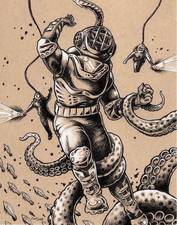 Scuba Diver Octopus Ink Illustration: Signed Fine Art Print - Etsy