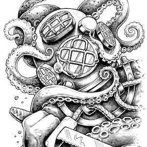 Könnte beinhalten: Schwarz-weiß-Illustration eines Tauchers mit einem Taucherhelm, um den sich ein Tintenfisch windet. Der Taucher hält ein Messer in einer Hand.