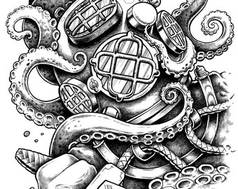 Mark V Old School Diver with Octopus wall art fine print - by Bryan Collins