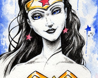 Wonder Woman DC comics fan wall art print ink and watercolor - by Bryan Collins