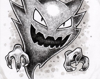 Haunter Black and White Pokemon signed wall art pop print - by Bryan Collins