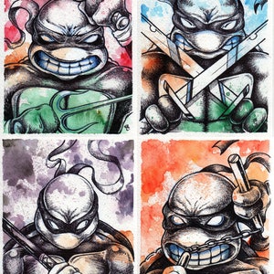May include: Four watercolor illustrations of Teenage Mutant Ninja Turtles, each with a different colored background and weapon. The turtles are drawn in a realistic style with detailed facial expressions and weapons.
