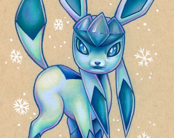 Glaceon Pokemon Ice Type Eeveelution 5x7 small wall art signed print - by Bryan Collins