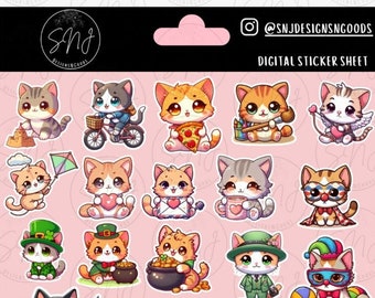 Digital Sticker Sheet Kawaii Themed Cats for GoodNotes & Digital Planners- Instant Download, Printable Stickers, Planner Accessories