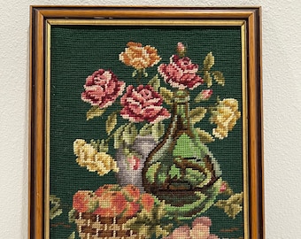Vintage Framed Needlepoint Tapestry Crewel Floral Flowers & Fruit Cottagecore Decor