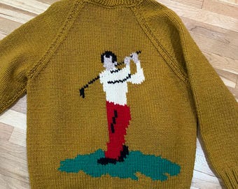 Vintage 1950s Cowichan Style Zip-Up Cardigan Sweater Golf Mustard Yellow Hand Knit