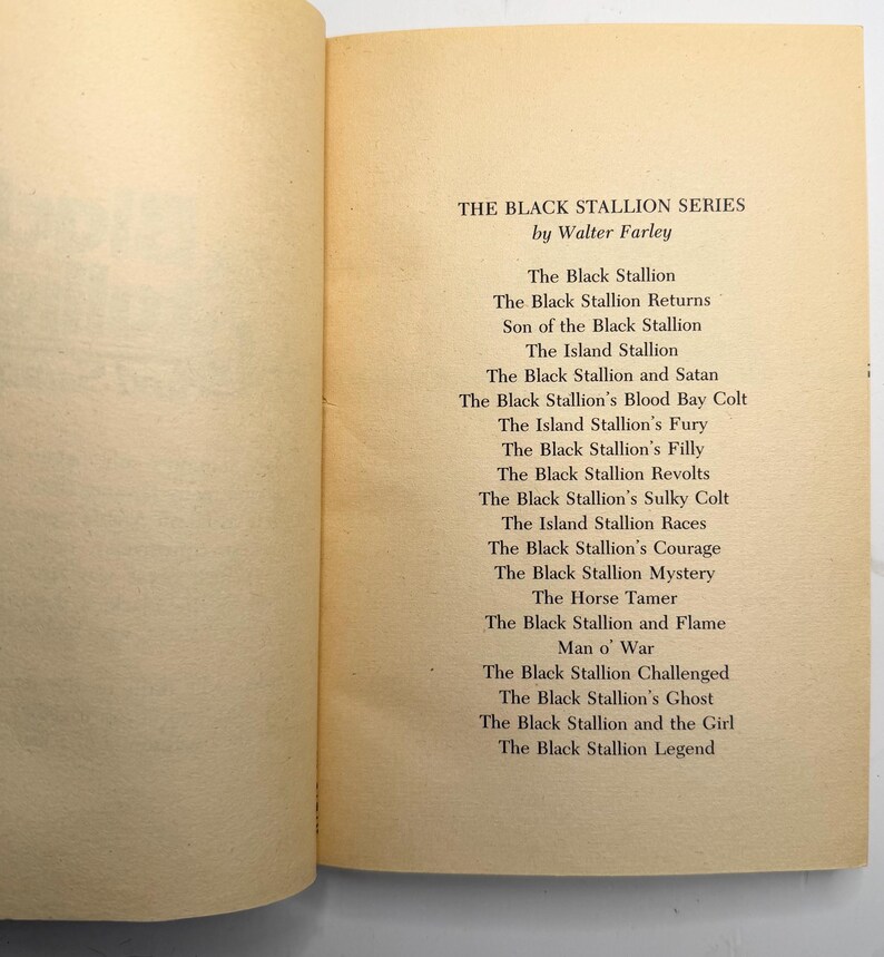 May include: Open book pages with text listing titles from "The Black Stallion Series" by Walter Farley. The titles are printed in black font on a cream-colored paper. The book is open to the title page.