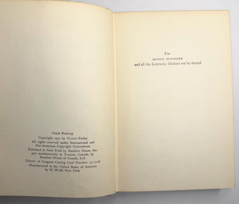 May include: Open book pages with text. The left page reads "Third Printing Copyright 1953 by Walter Farley" and other publishing details. The right page reads "For ARTHUR BENSINGER and all the Kentucky Derbies we've shared."