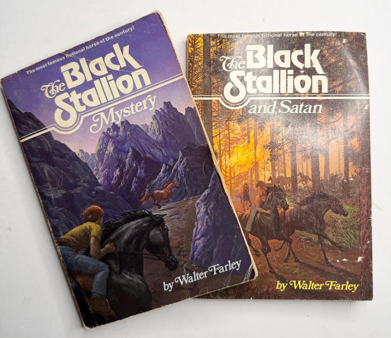 May include: Two vintage paperback books, "The Black Stallion Mystery" and "The Black Stallion and Satan," by Walter Farley. The covers feature illustrations of horses and riders, with a mountain and forest backdrop.