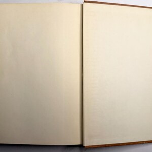 May include: An open book with blank, cream-colored pages. The book has a brown leather cover and spine. The pages are clean and ready for writing or drawing. The book is open, displaying two facing pages.