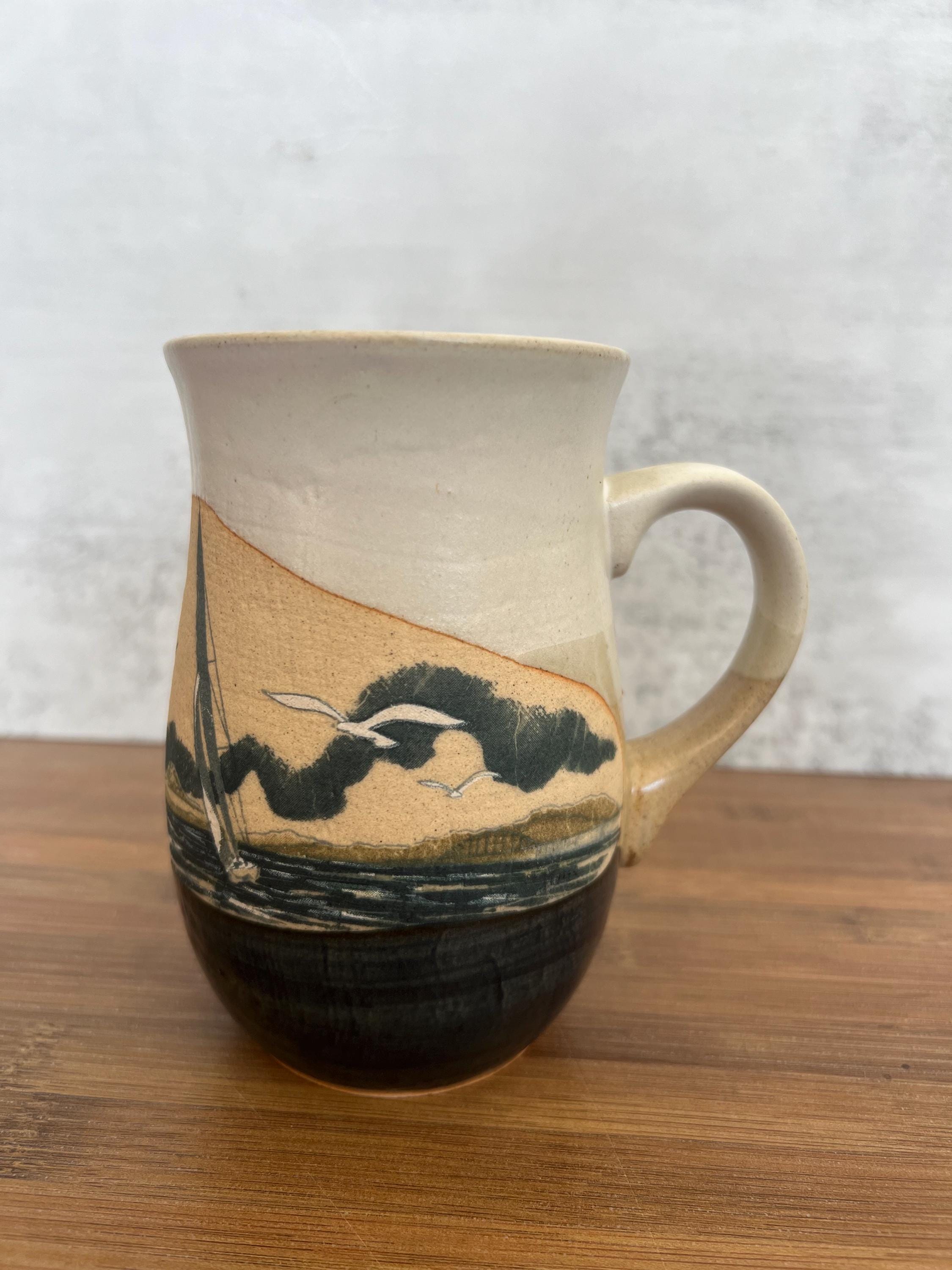 Vintage Otagiri Hand Crafter Stoneware Coffee Mug Nautical Design Sailboat Seagulls Birds