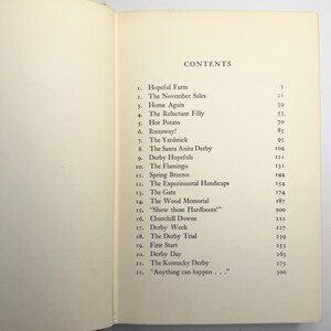 May include: Open book page with a list of contents. The title "CONTENTS" is at the top. The list includes titles such as "Hopeful Farm", "The November Sales", and "The Kentucky Derby", with corresponding page numbers.