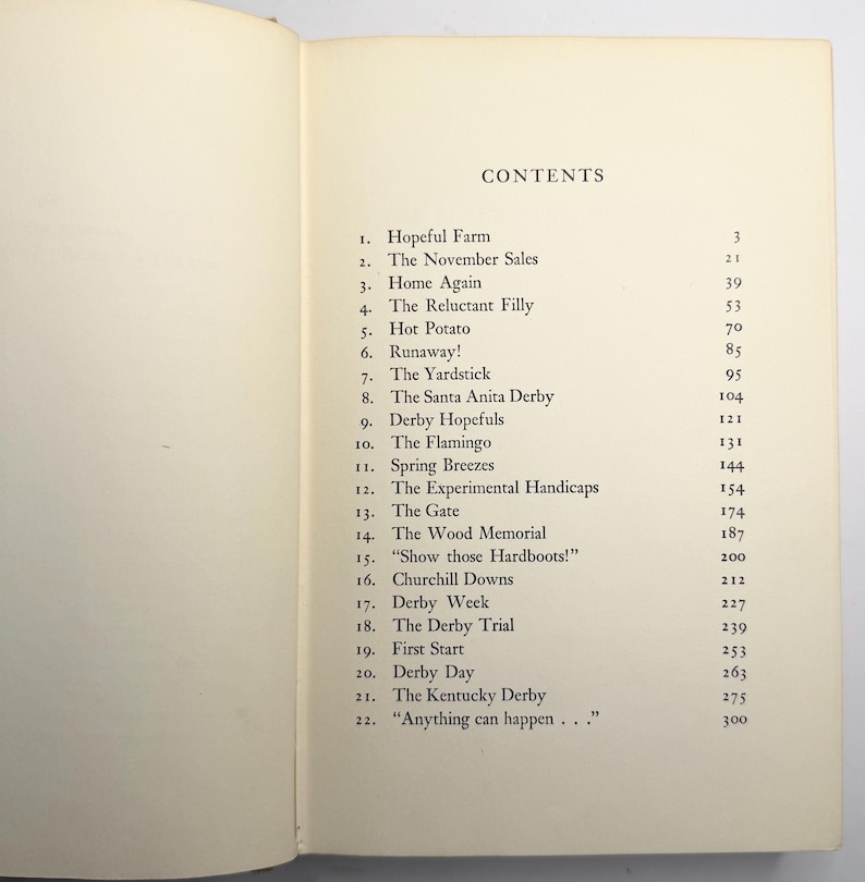 May include: Open book page with a list of contents. The title "CONTENTS" is at the top. The list includes titles such as "Hopeful Farm", "The November Sales", and "The Kentucky Derby", with corresponding page numbers.