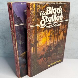 May include: Two vintage books, "The Black Stallion and Satan" and "The Black Stallion Mystery." The first book features a cover illustration of riders on horseback in a forest. The second book has a purple cover with a mountain scene.