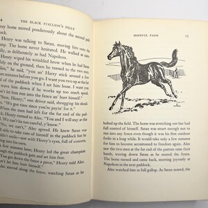 May include: Open book page with text and a black and white illustration of a horse running. The text includes the title "THE BLACK STALLION'S FILLY" and the words "HOPEFUL FARM".