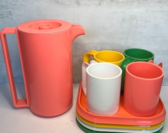 Vintage Ingrid Chicago Plastic Picnic Pitcher and Stacking Cups - MCM 1970s Melamine Party Set