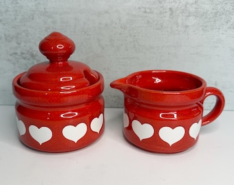 Red & White Heart Ceramic Creamer and Sugar Set - Vintage Waechtersbach Germany - Retro Kitchen Coffee Bar Decor