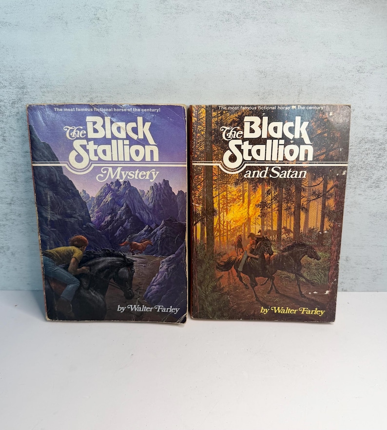 May include: Two vintage paperback books, "The Black Stallion Mystery" and "The Black Stallion and Satan," by Walter Farley. The covers feature illustrations of horses and riders, with a mountain landscape and a forest scene.