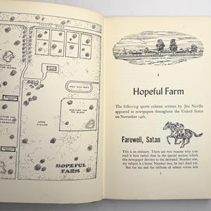 May include: An open book with two pages. The left page features a detailed black and white map of a farm with labeled areas. The right page displays the title "Hopeful Farm" and text about a sports column and an obituary.