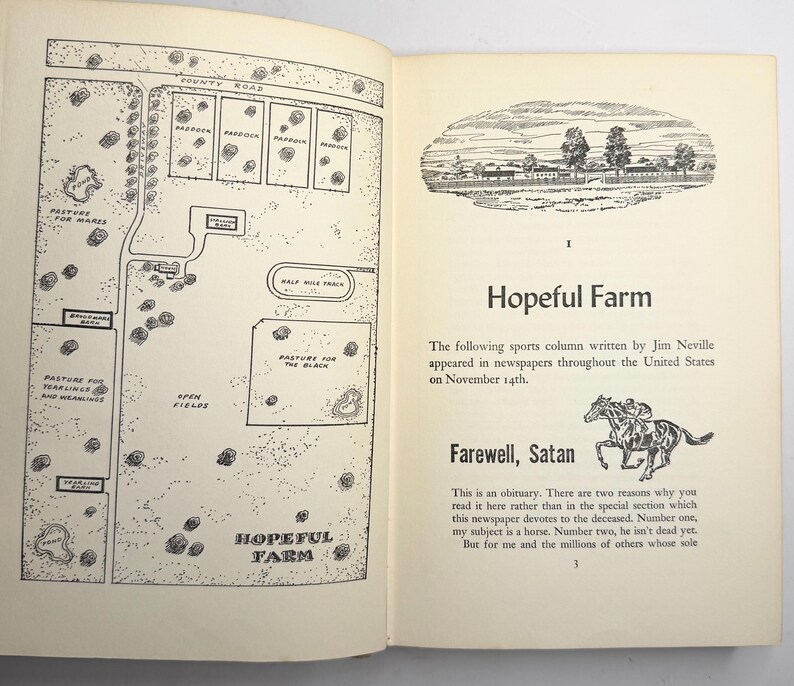 May include: An open book with two pages. The left page features a detailed black and white map of a farm with labeled areas. The right page displays the title "Hopeful Farm" and text about a sports column and an obituary.