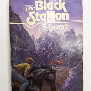 May include: Vintage book cover for "The Black Stallion Mystery" by Walter Farley. The cover features a black horse with a rider, a running brown horse, and a mountainous landscape in shades of purple and blue. Text includes the title and author.