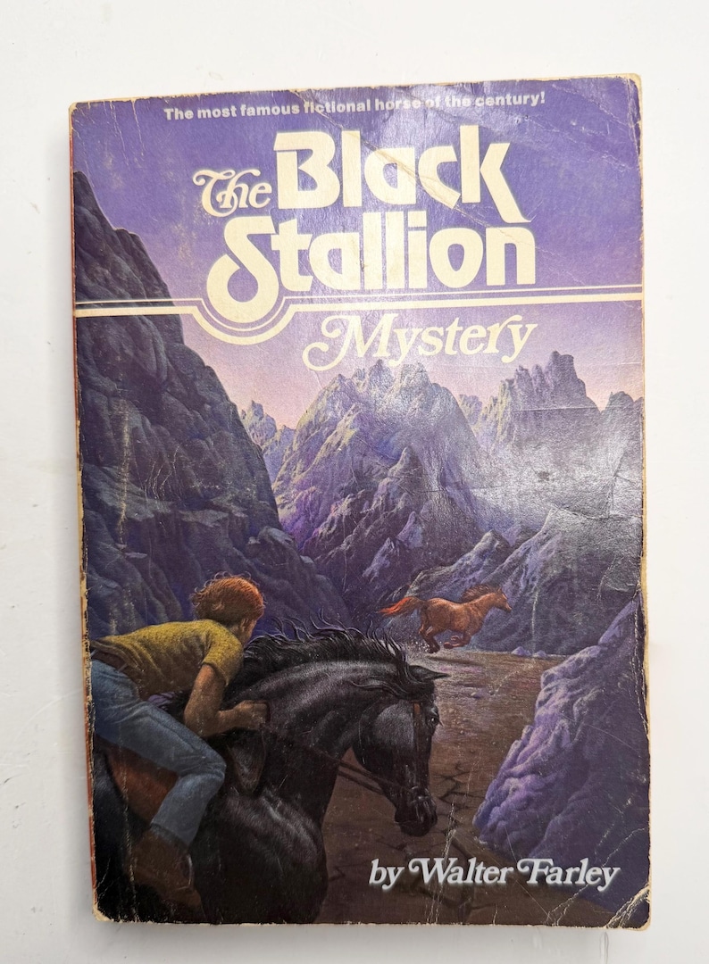 May include: Vintage book cover for "The Black Stallion Mystery" by Walter Farley. The cover features a black horse with a rider, a running brown horse, and a mountainous landscape in shades of purple and blue. Text includes the title and author.