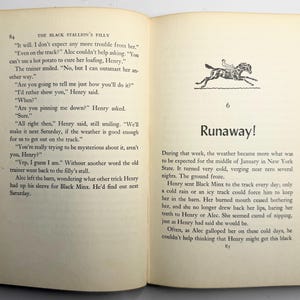 May include: Open book with text from "The Black Stallion's Filly" and "Runaway!" chapters. Includes a small illustration of a horse and rider. The pages are aged with a brown cover.