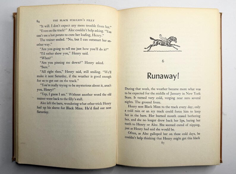 May include: Open book with text from "The Black Stallion's Filly" and "Runaway!" chapters. Includes a small illustration of a horse and rider. The pages are aged with a brown cover.