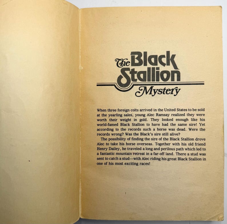 May include: An open book with the title "The Black Stallion Mystery" in a stylized font. The text describes a story about young Alec Ramsay and his horse, the Black Stallion, and a mystery surrounding the horse's sire.