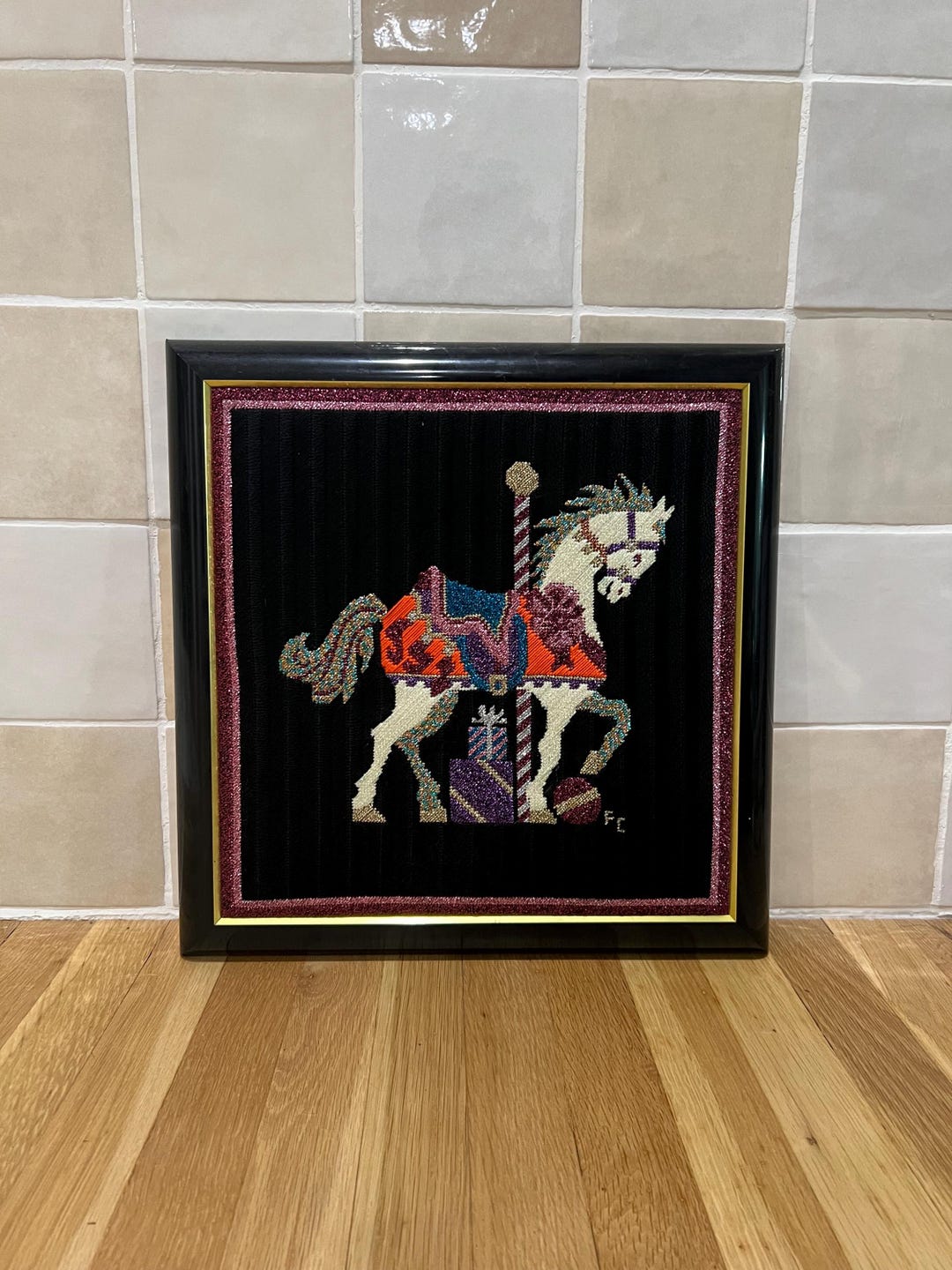 Carousel Needlepoint Vintage Carousel Horse Needlepoint Embroidered Art Crewel Cross Stitch ...
