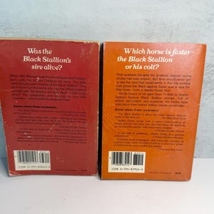 May include: Two vintage paperback books with the titles "Was the Black Stallion's sire alive?" and "Which horse is faster - the Black Stallion or his colt?" The books are in red and orange with white text.
