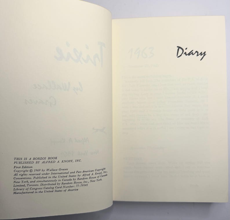 May include: An open book with text on the pages. The right page has the word "Diary" and the year "1963". The left page has handwritten text and the words "This is a Borzoi Book" and "Published by Alfred A. Knopf, Inc."