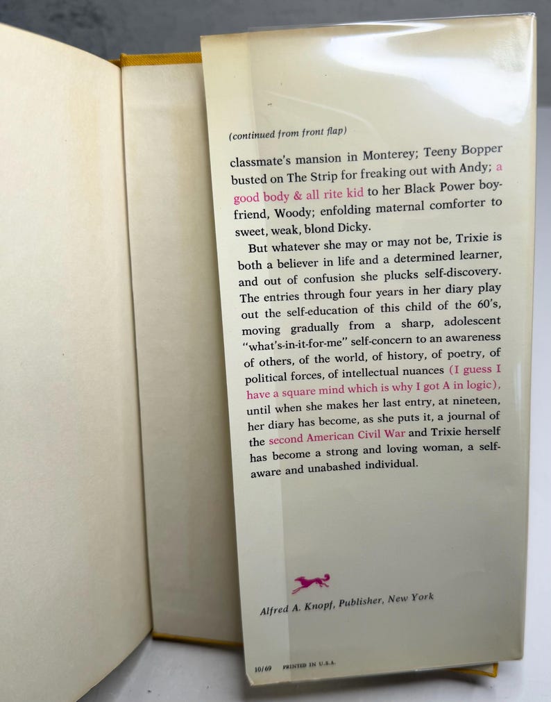 May include: An open book with a yellow spine. The right-hand page features text from a novel, including phrases such as "good body & all rite kid" and "second American Civil War." The publisher's logo and address are visible.