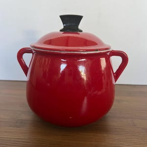 May include: A small, red enamel pot with a matching lid and two side handles. The lid has a black handle. The pot is round and shiny, with a silver rim. A classic kitchenware item.