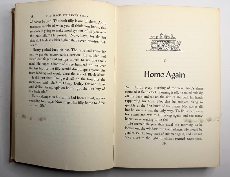 May include: An open book with text on both pages. The left page has text titled "THE BLACK STALLION'S FILLY" and the right page has text titled "Home Again" with a small illustration of a fireplace.